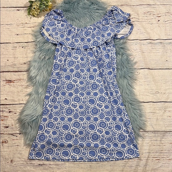 Lulu-B Blue Geometric Circle Ruffle Off Shoulder Dress - Picture 1 of 9